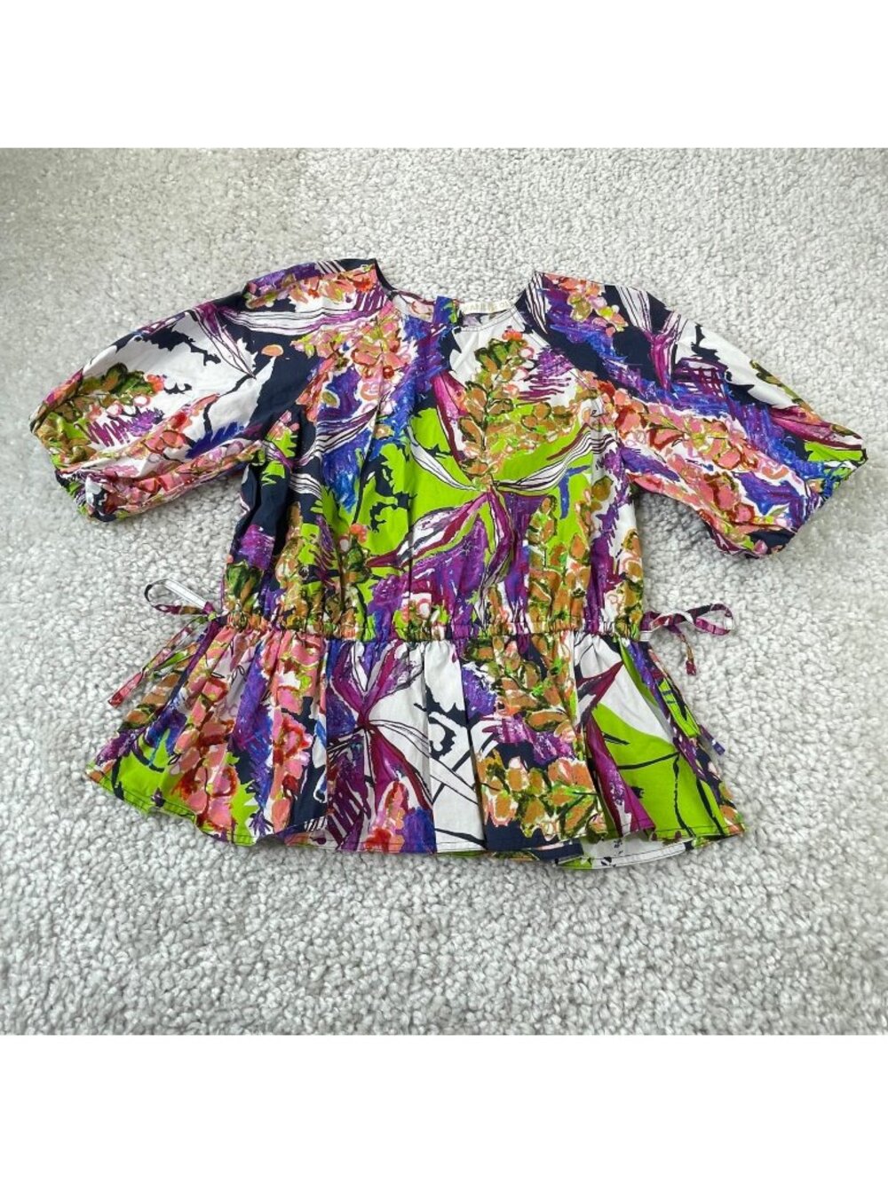 Marie Oliver Floral Green Purple Abstract Puff Sleeve Blouse Womens Small - Picture 1 of 7